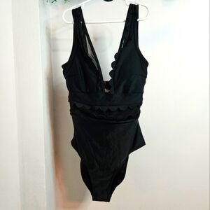 NWT Cupshe‎ Scalloped Mesh One Piece Black Bathing Suit Size Small